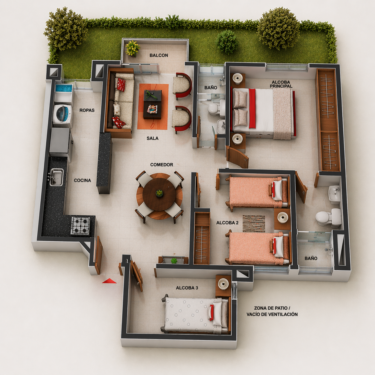 Plano de referencia de distribución del apartamento. Construido en el 2012 por Marval.